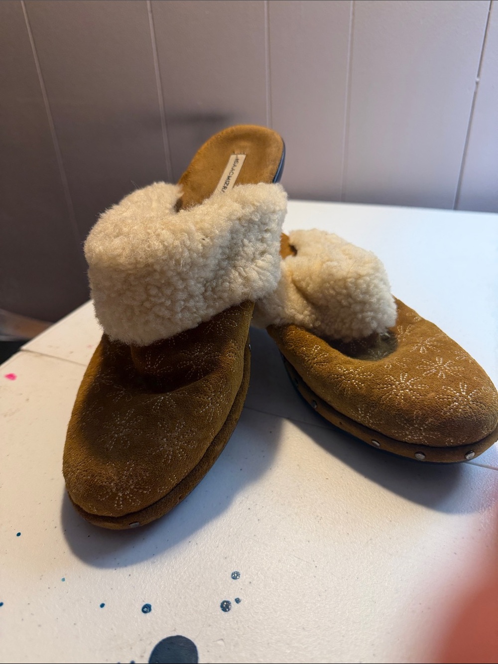 Isaac Mizrahi Tan Suede Shearling Clog Mules